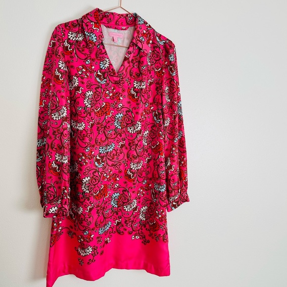 Lilly Pulitzer Wayles Hotty Pink Ring My Chimes Silk Tunic Shirt Dress Polo boho - Picture 8 of 12